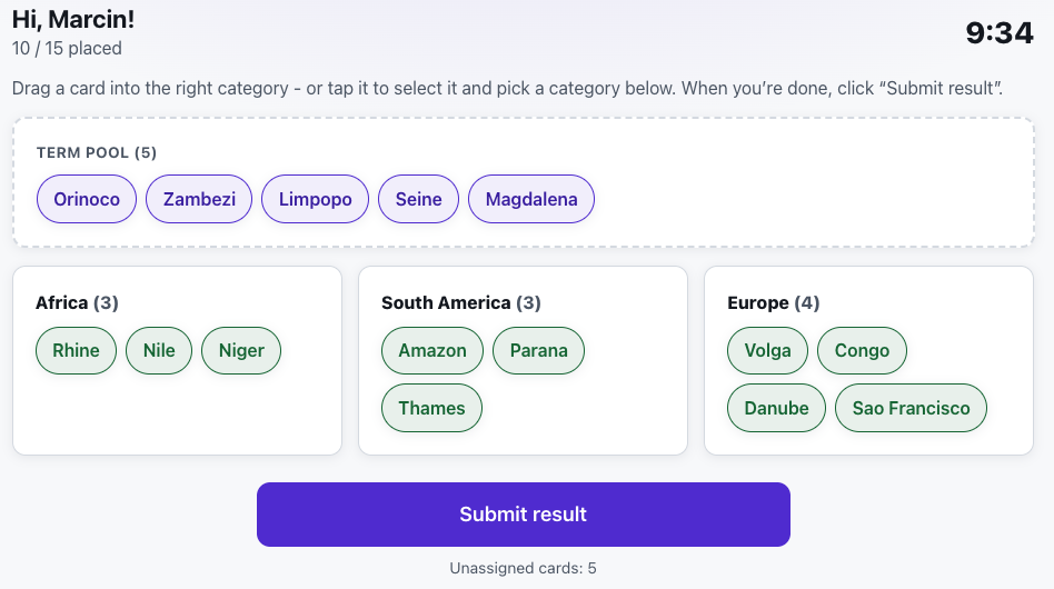 Match categories screenshot