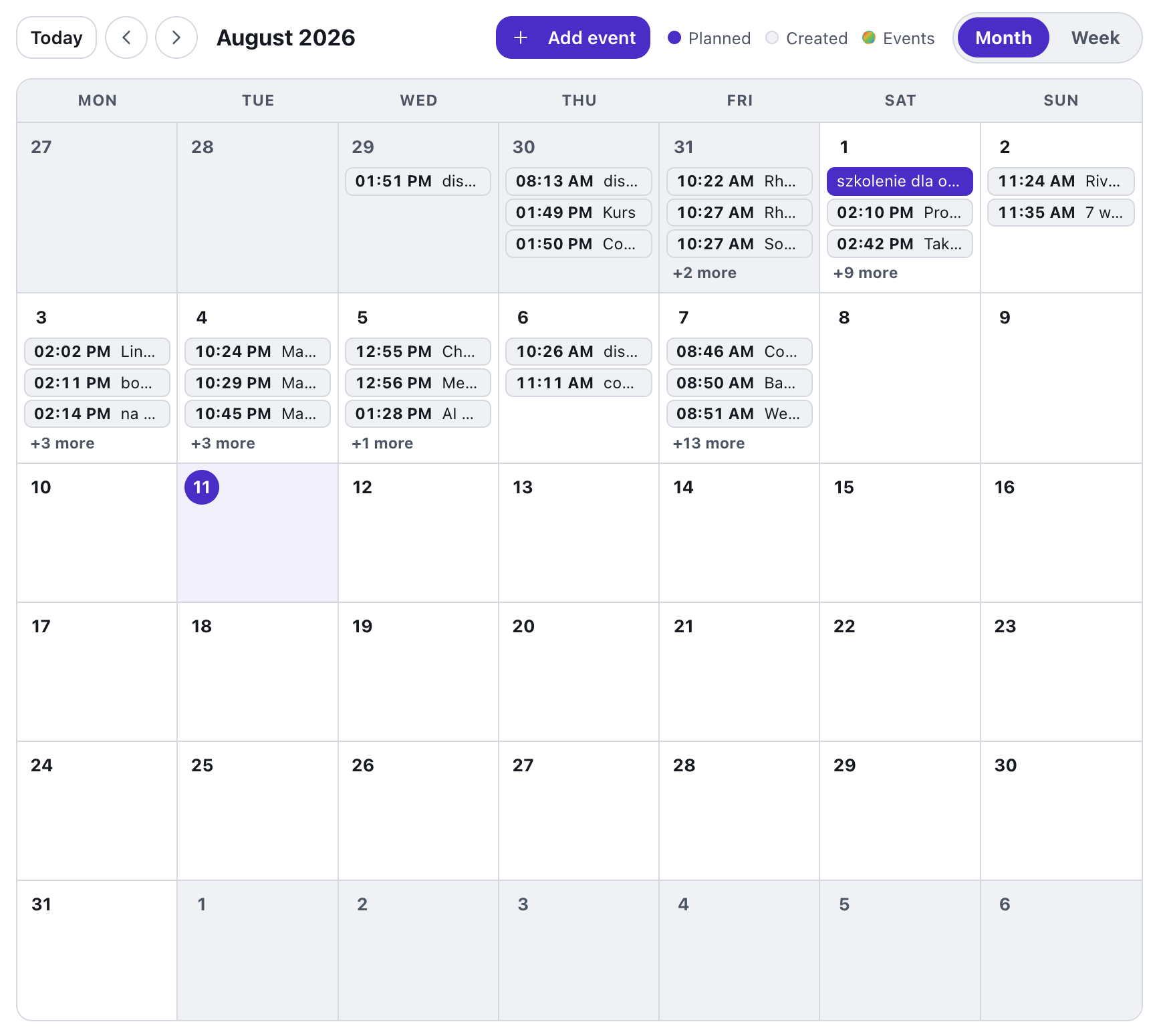 Captura de Calendario de formaciones