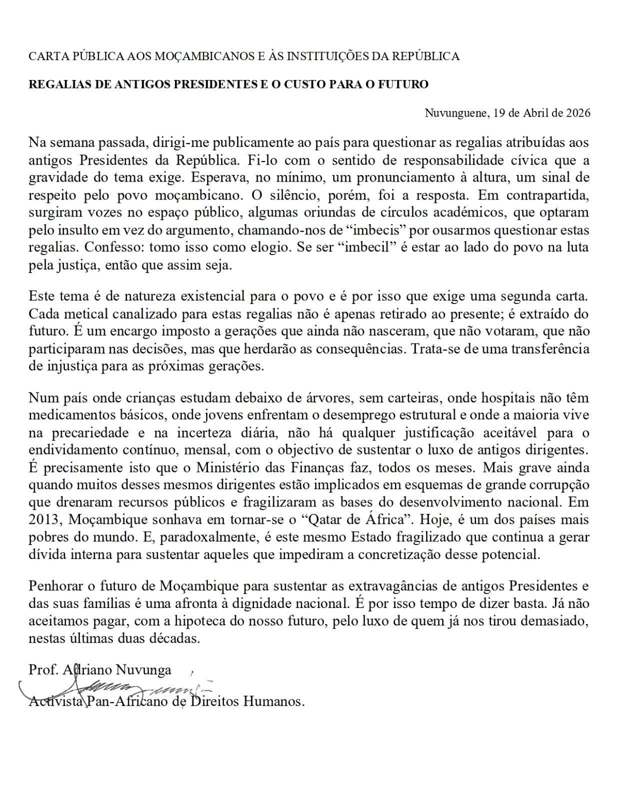 Adriano Nuvunga critica regalias a antigos presidentes e alerta para impacto no futuro de Moçambique
