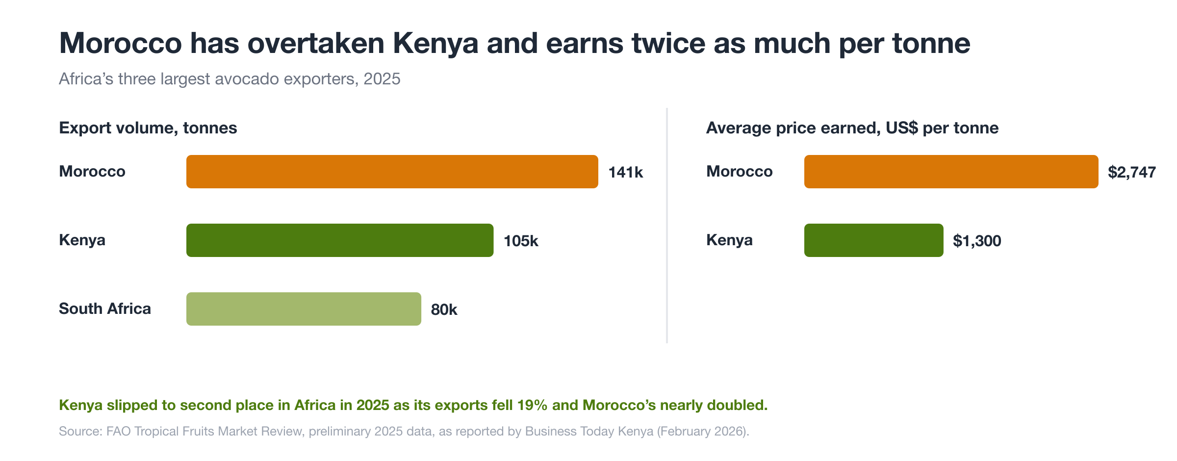 Africa's leading avocado exporters in 2025. Source: FAO Tropical Fruits Market Review, preliminary data.