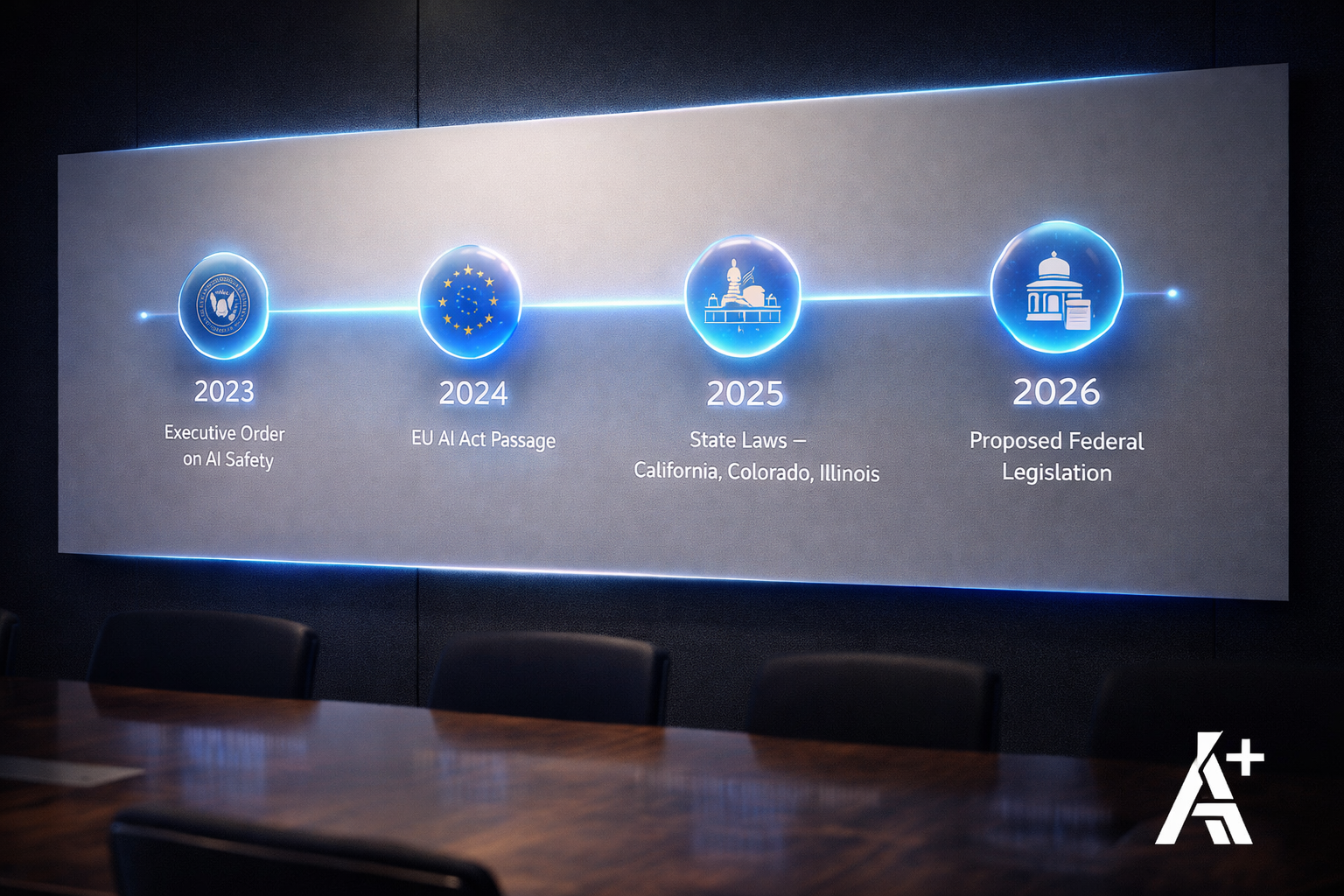 Timeline graphic showing key AI regulation milestones from 2023 to 2026
