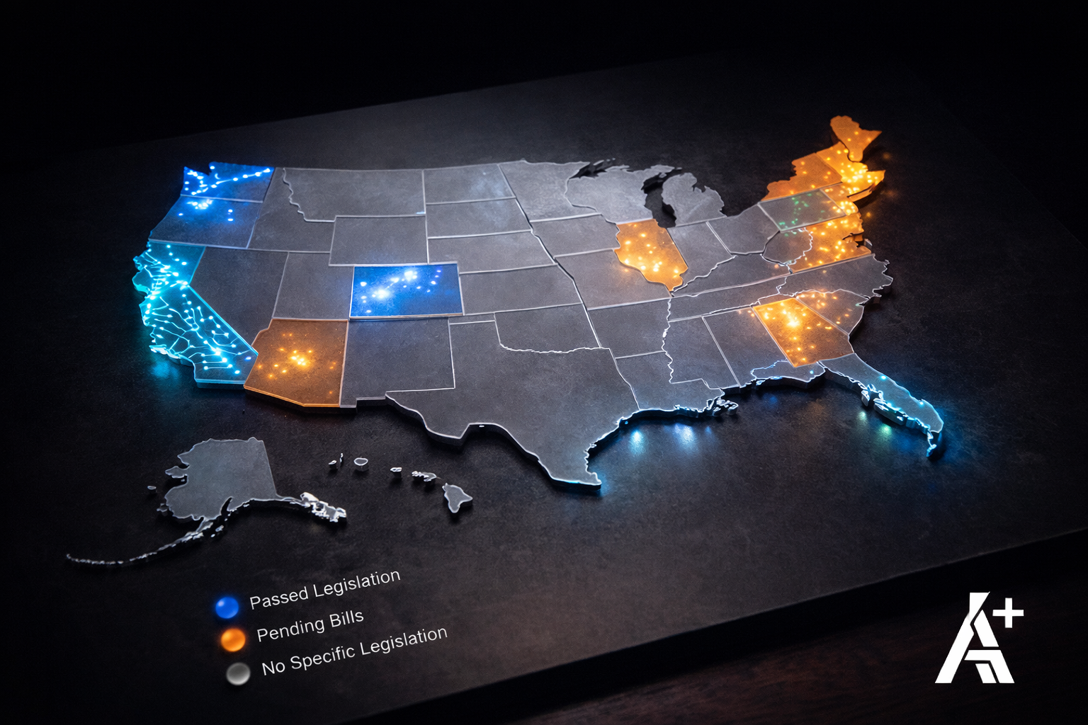 US map with color coded states showing AI regulation status