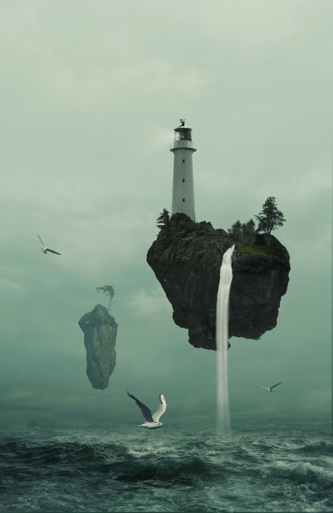 Surreal Cape Egmont Lighthouse art print by Donna O’Donoghue featuring floating New Zealand rock islands, a waterfall, seabirds and a stormy sea.