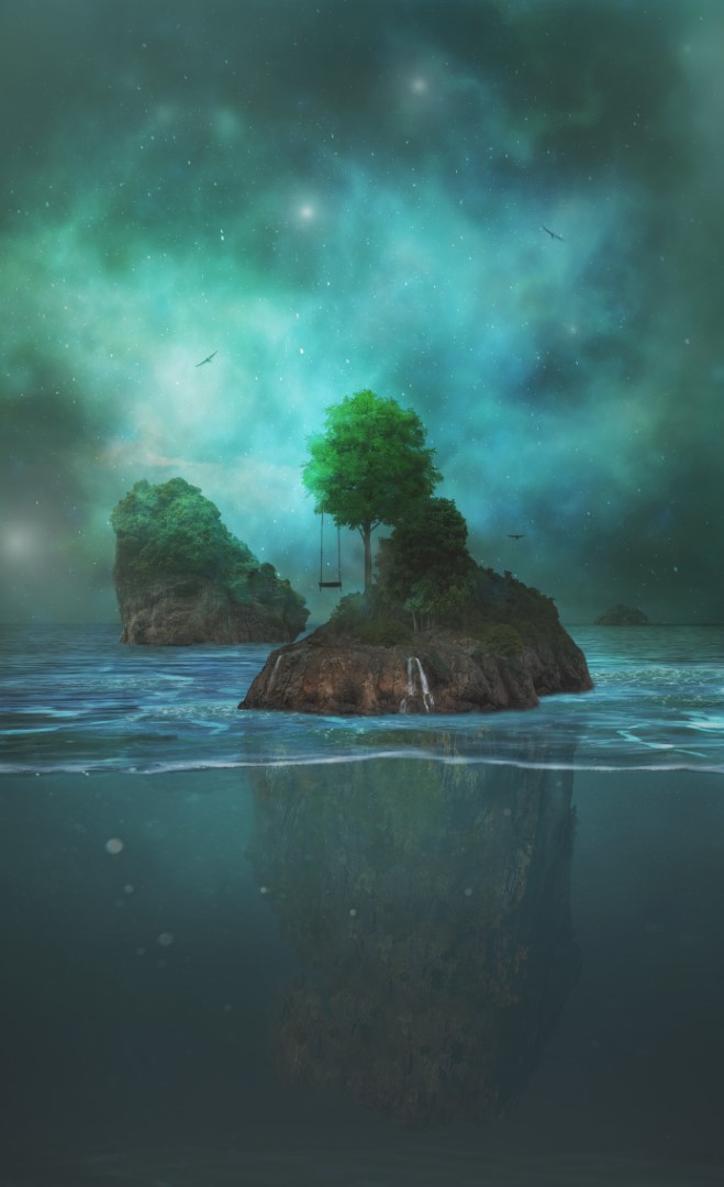 Escape – North Star surreal artwork by Donna O’Donoghue featuring a tree swing on a rocky island, its submerged form visible beneath a luminous turquoise sea and star-filled sky.