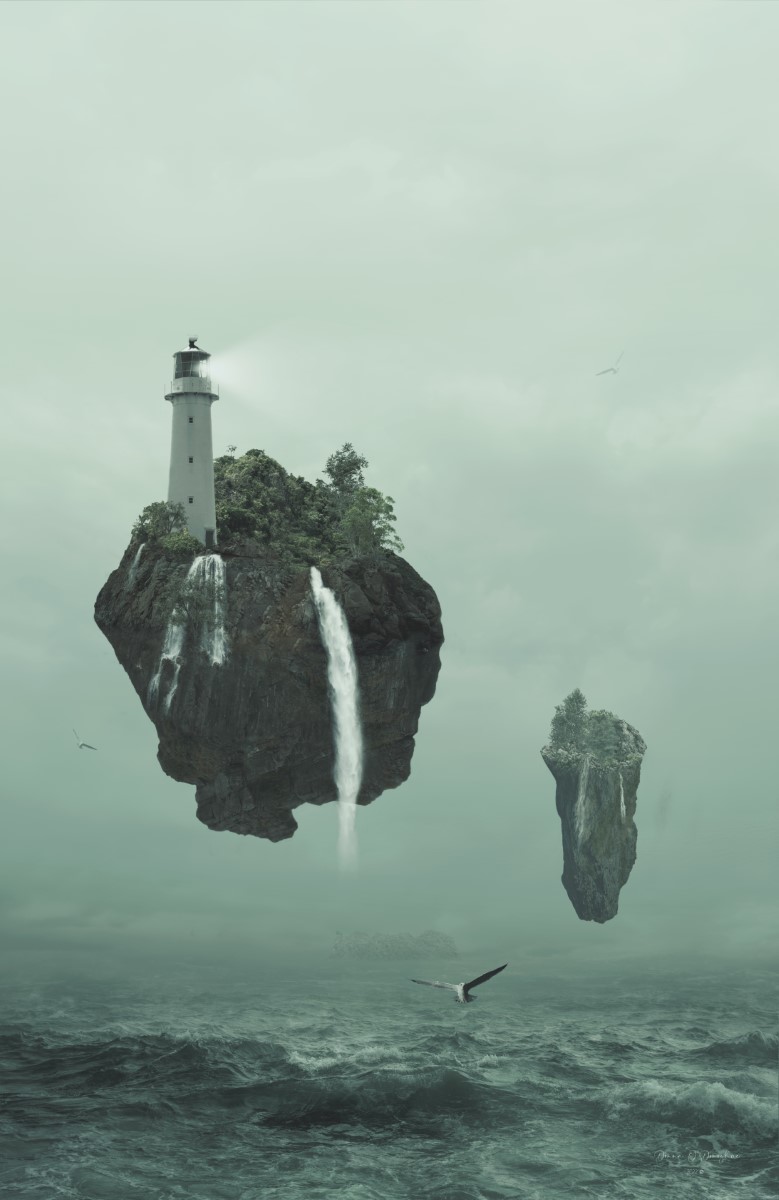 Keeper of the Light surreal artwork by Donna O’Donoghue featuring a lighthouse on a floating rocky island, waterfalls, seabirds and a stormy sea.