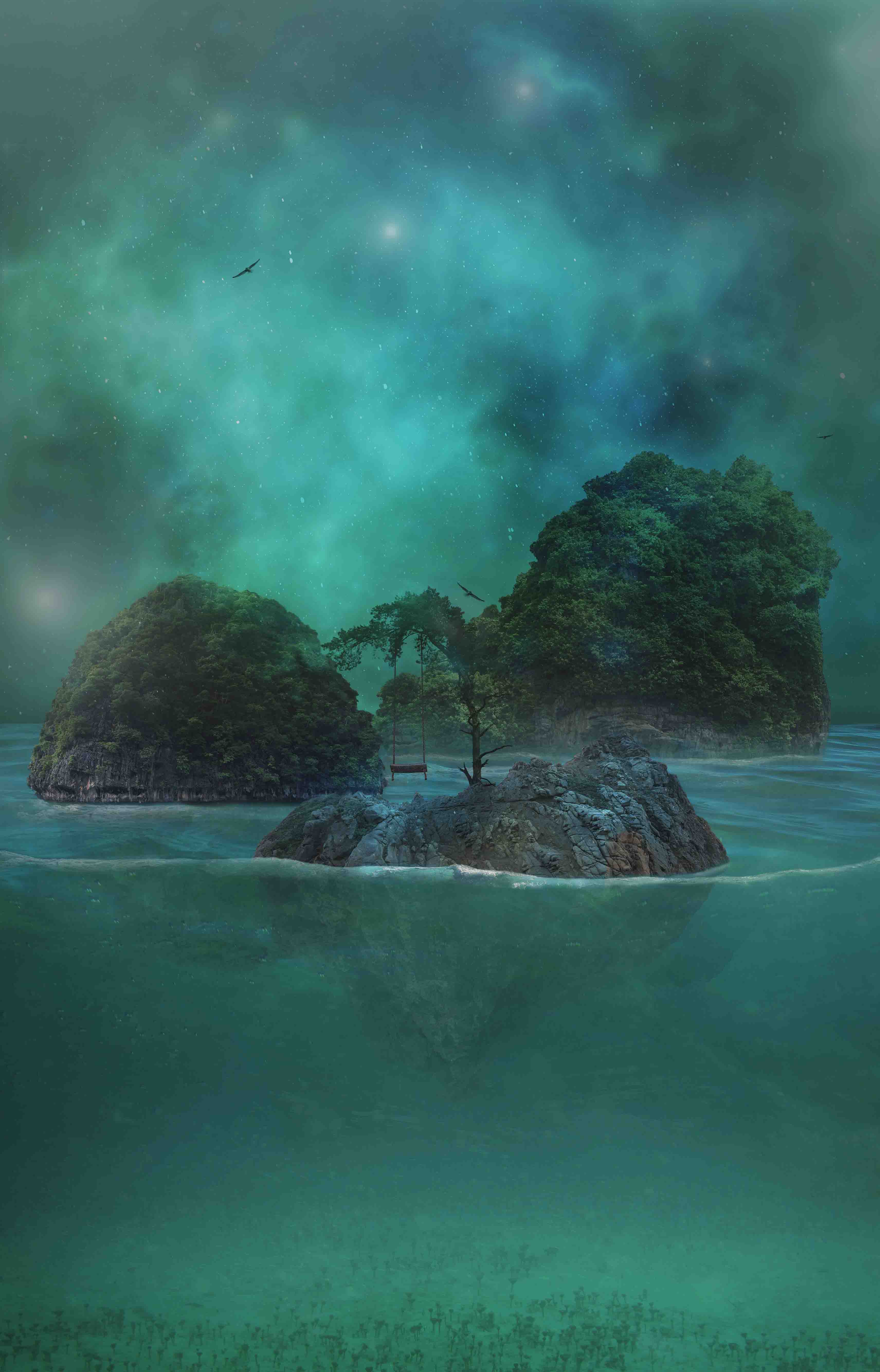 Turtleback Island surreal artwork by Donna O’Donoghue featuring forested islands, a solitary tree swing and a vast submerged island beneath a luminous turquoise sky.
