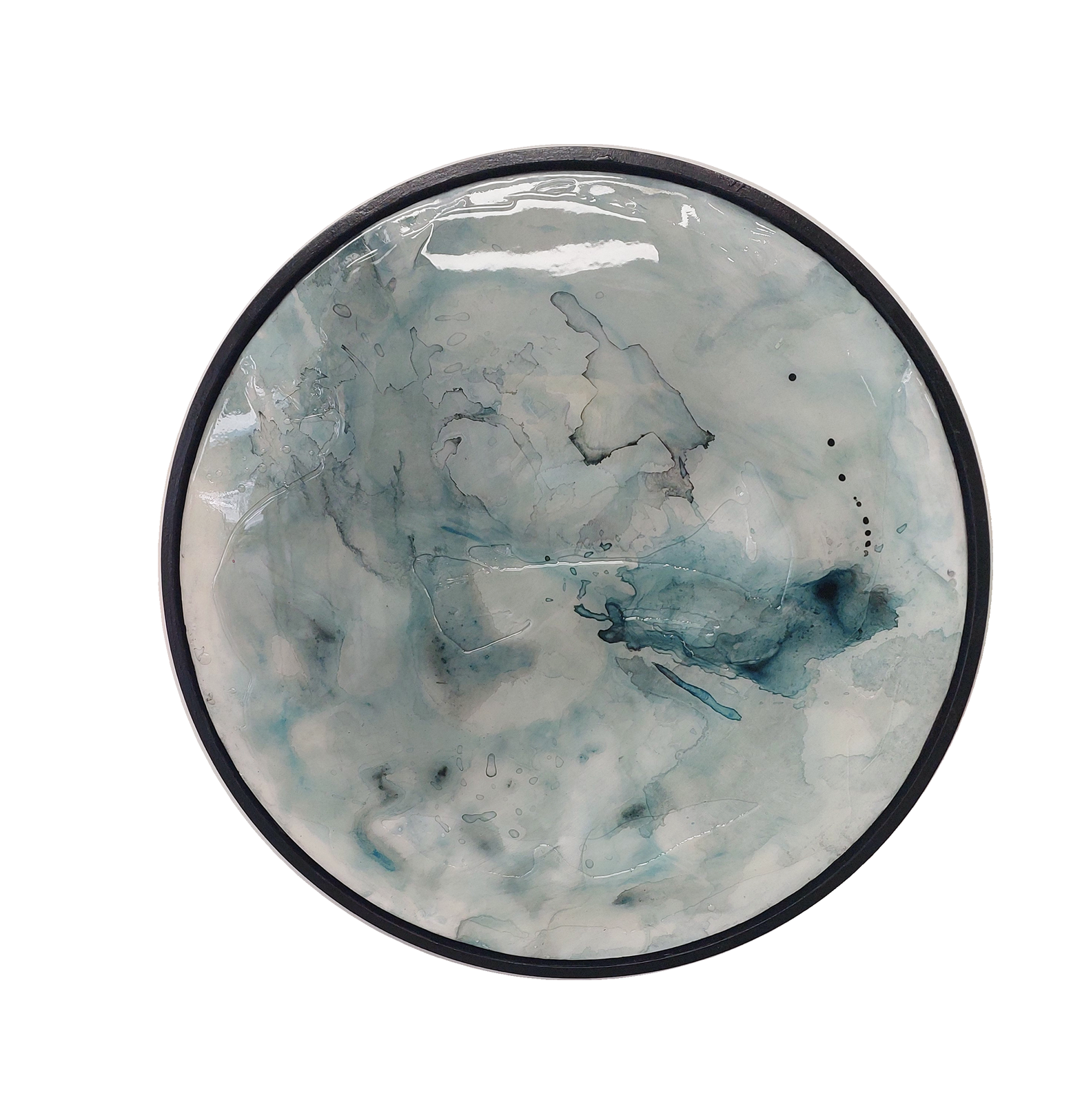 Round pale blue and sea-green layered ink and resin artwork with darker fluid markings, set in a slim black frame.
