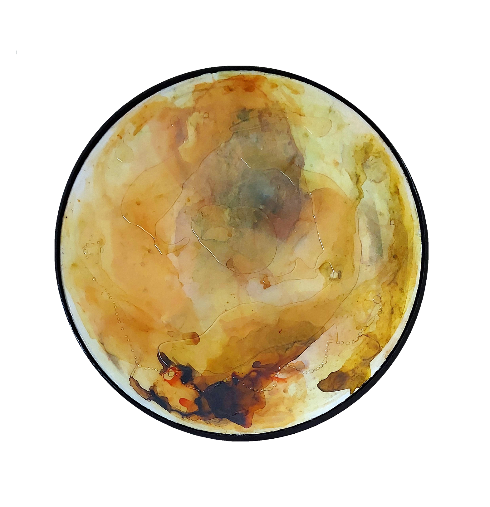 Round amber, ochre and gold ink and resin artwork with dark rust and blue detail near the base, framed in slim black.