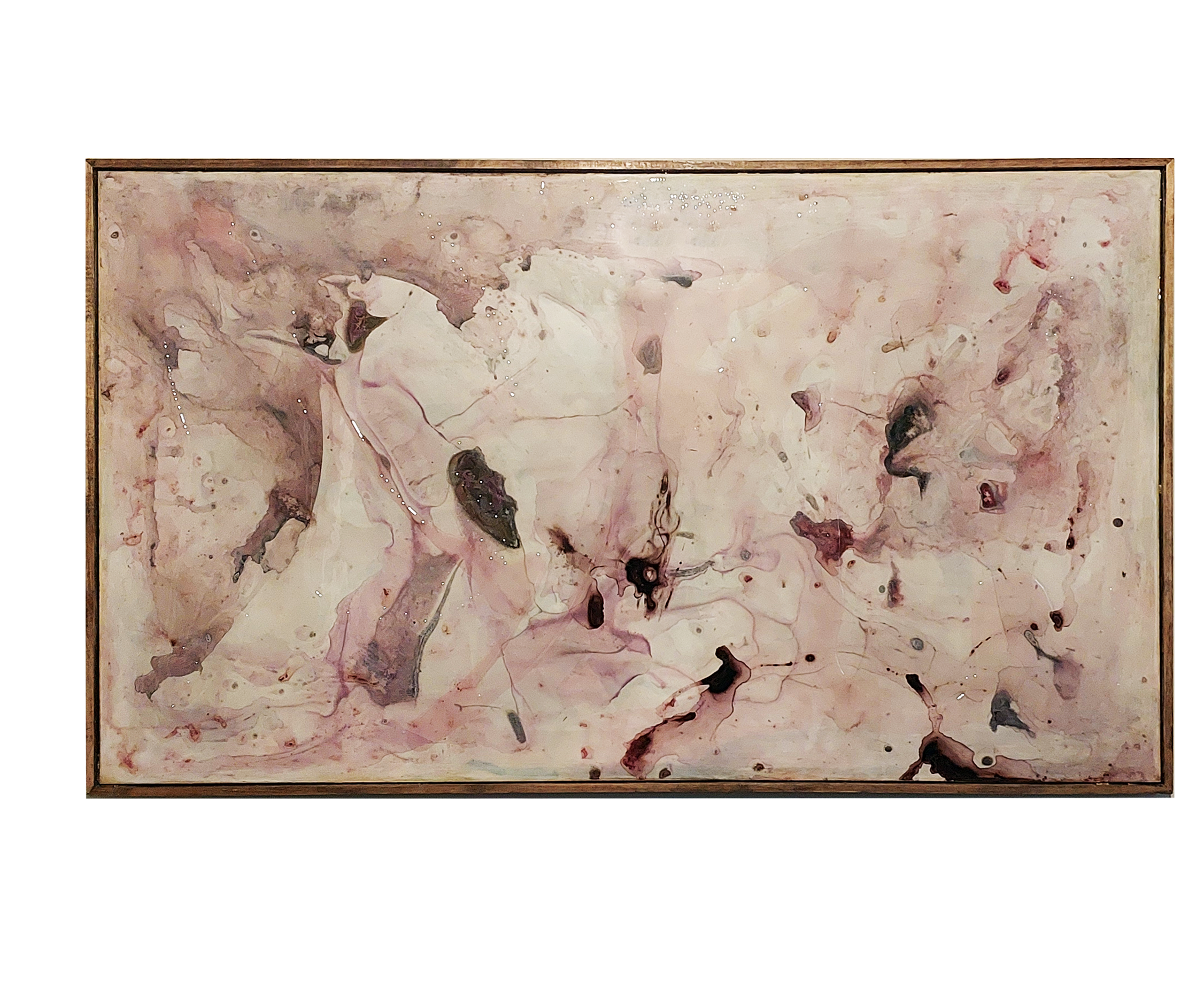 Large horizontal ink and resin artwork in blush pink, pale violet and cream with dark marbled markings, in a slim timber frame.
