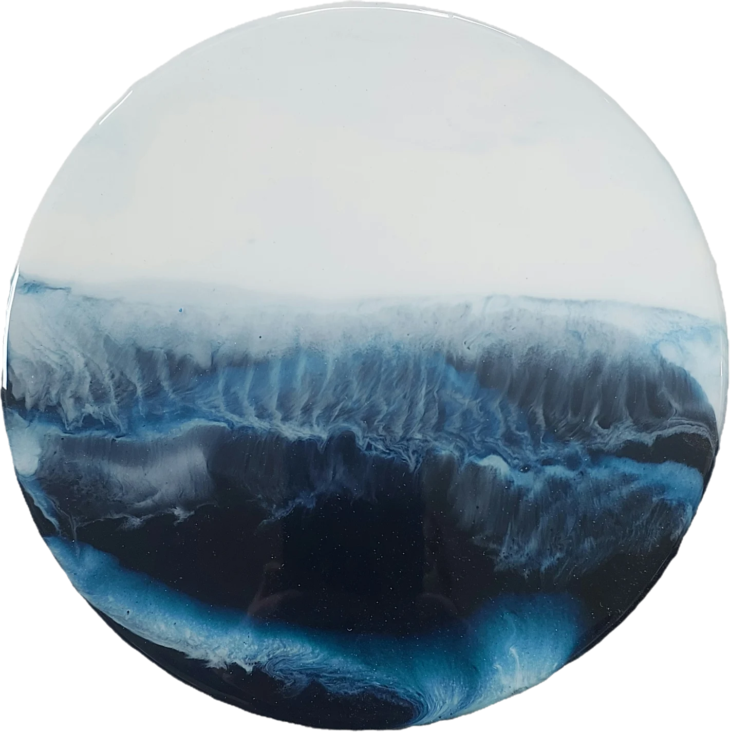 Ocean Disc Three This piece has a more dramatic, layered feel: misty blue movement rolls across the top, while a brighter turquoise-white wave cuts through the dark water below. I