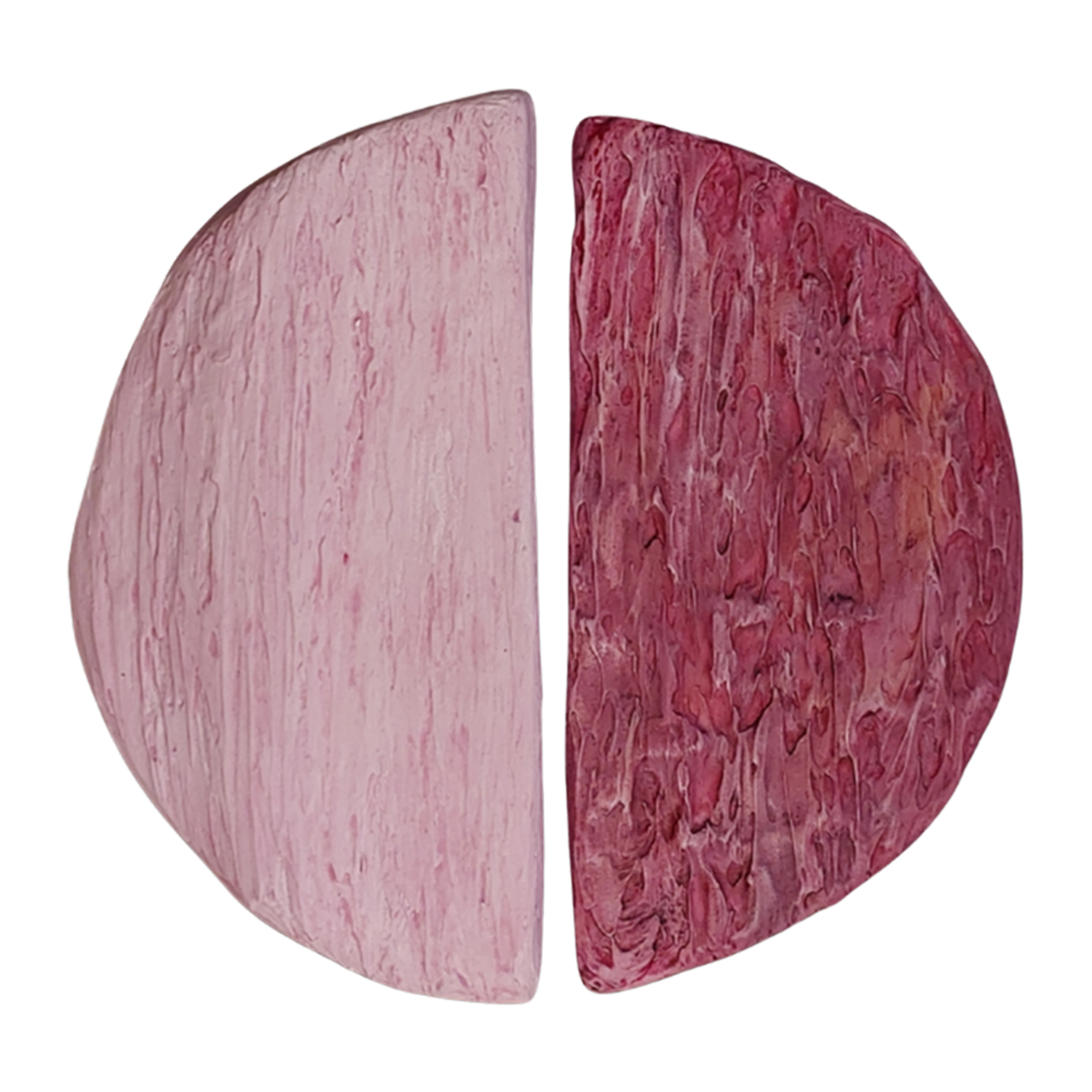 Two-part circular textured resin lightbox artwork in pale blush pink and deep berry red, with a narrow central gap and warm edge lighting.