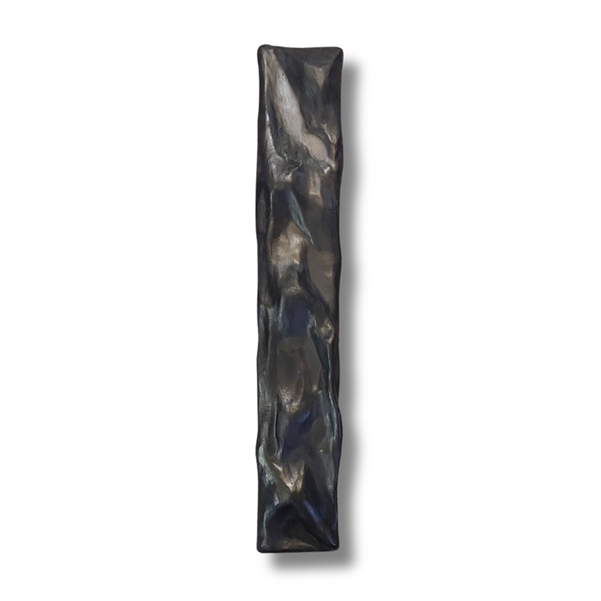 Tall narrow 3D encaustic resin artwork in charcoal, graphite, smoky grey and muted blue with a smooth soft-matte finish.