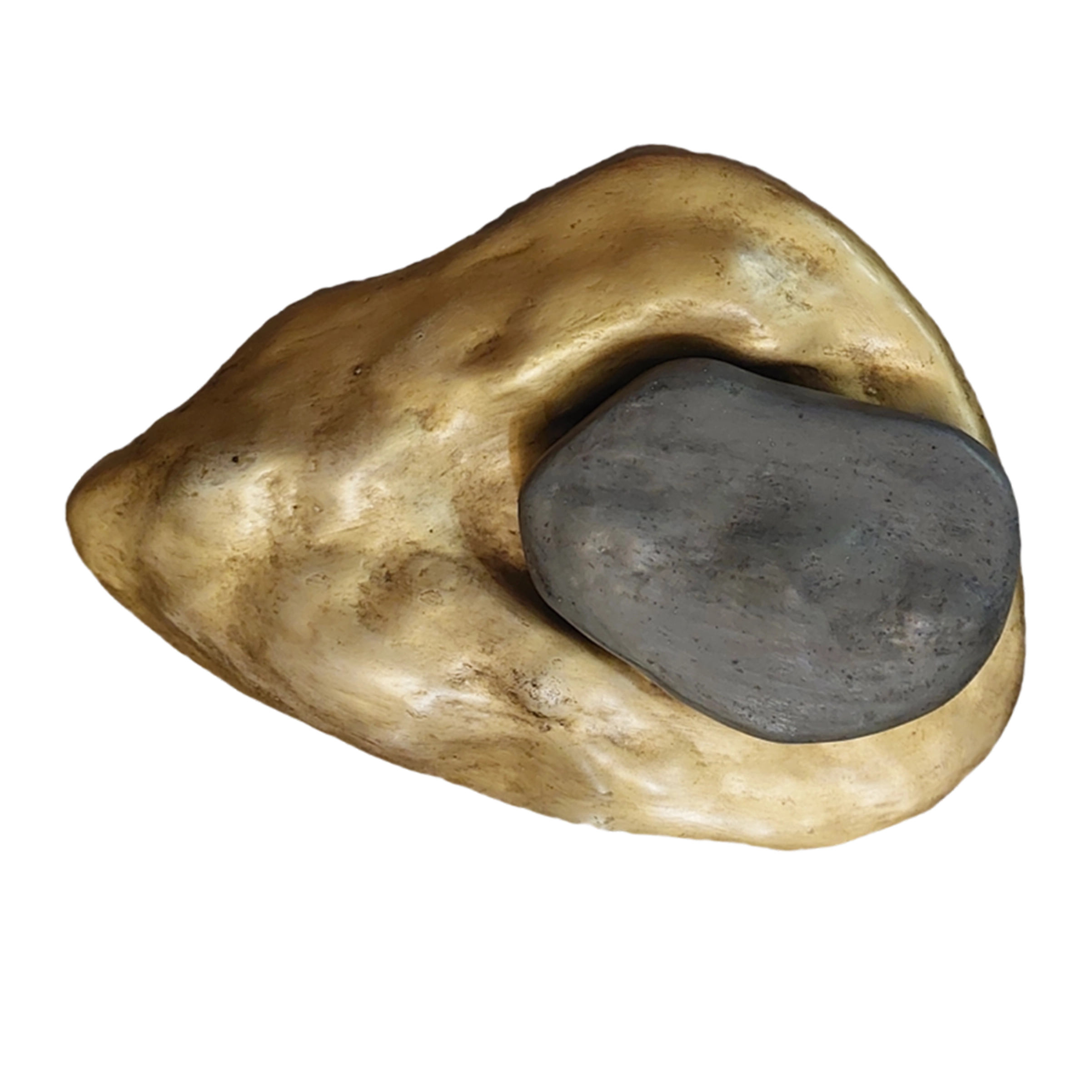 Organic gold and charcoal-black encaustic resin lightbox artwork with an irregular egg-like form and softly illuminated central core.