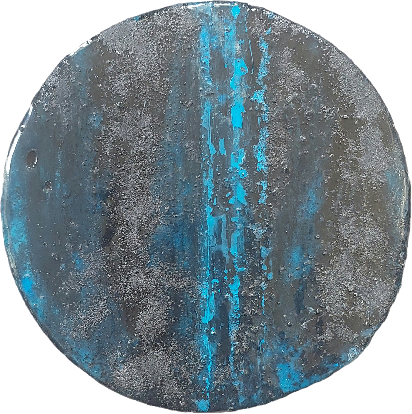 Three-piece round resin and encaustic wall triptych in charcoal grey and turquoise, with a large central disc marked by three vertical blue streaks and two smaller coordinating dis