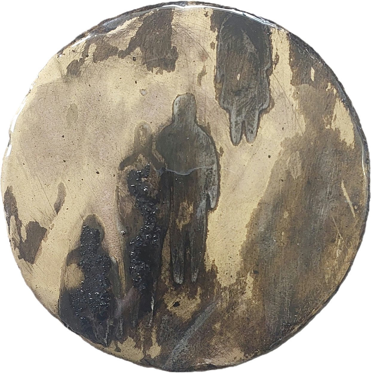 Three-piece resin and encaustic wall triptych with a large central round disc showing a line of dark silhouettes against warm, weathered gold, flanked by two smaller round discs wi