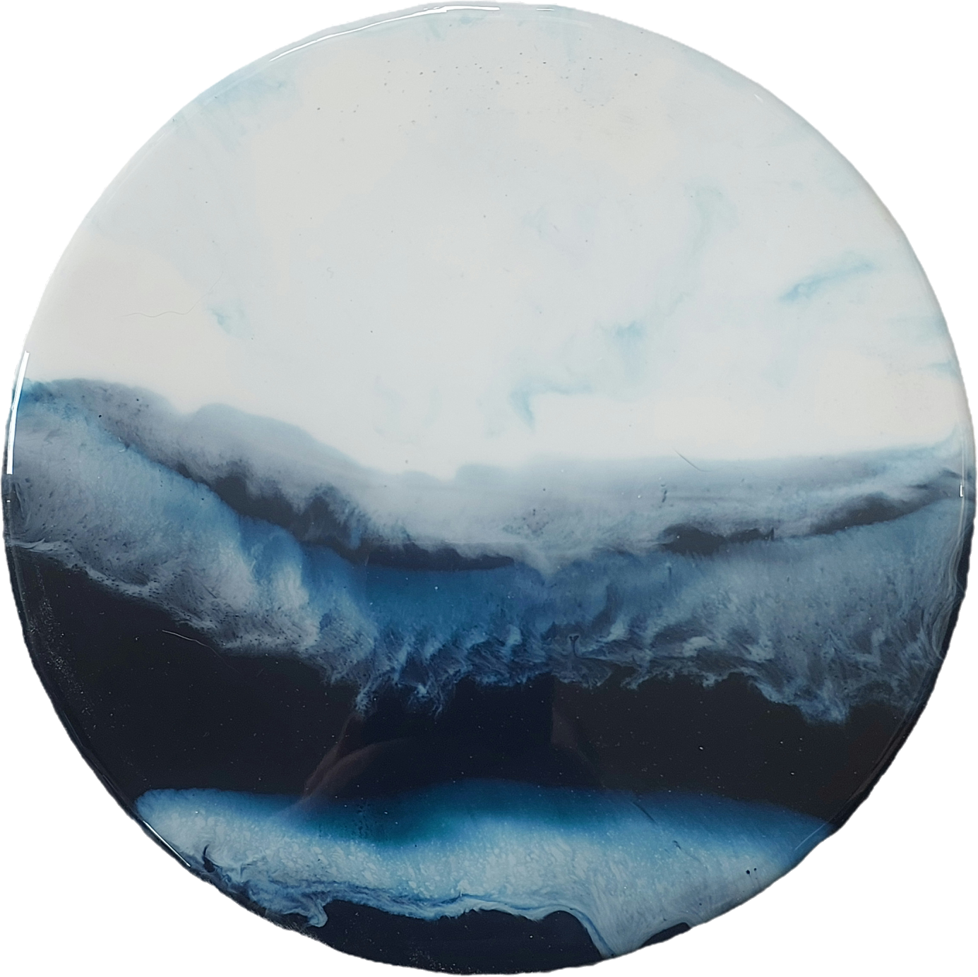 Round resin ocean artwork with a pale sky, blue-grey breaking wave, dark navy water and pale foamy detail at the base.