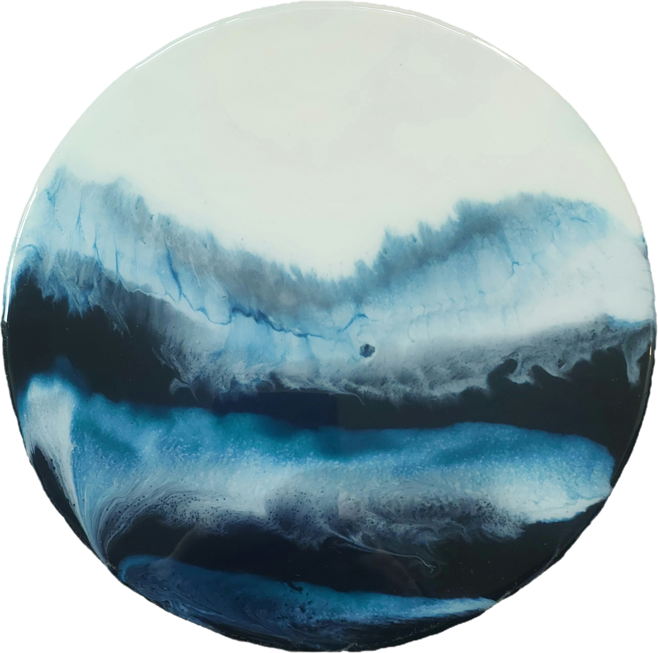Round blue resin ocean artwork with a pale upper sky, smoky blue wave and deep navy water.