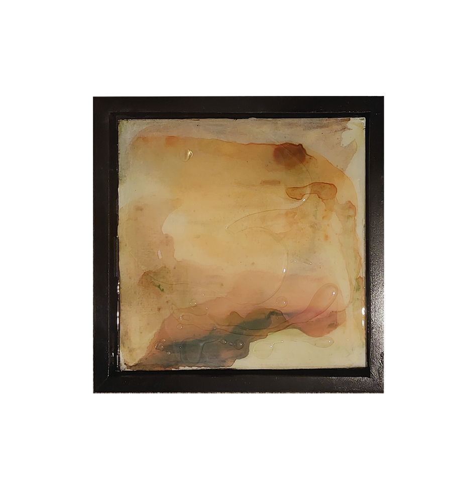 Square ink and resin artwork in warm amber, ochre and soft cream, with smoky blue-grey detail along the lower edge, framed in black.