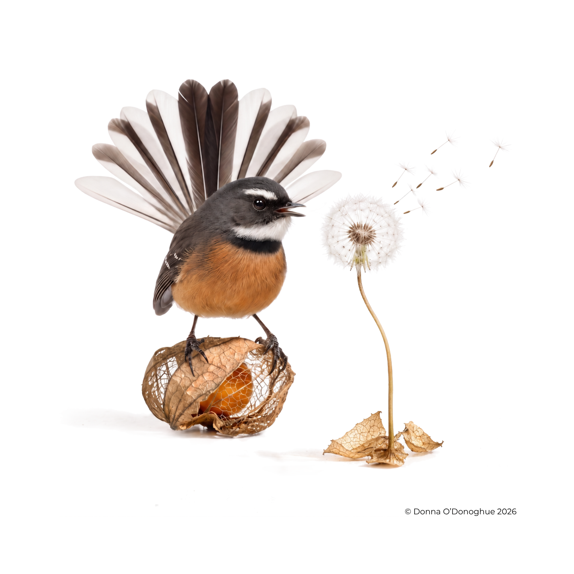 Fantail and a dandelion