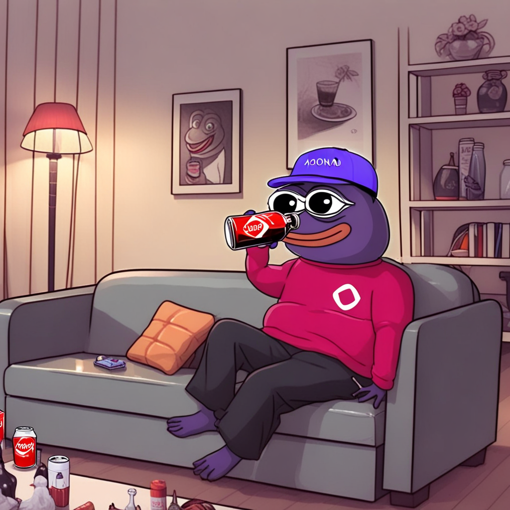 Monad frog drinking a coke chilling on a sofa
