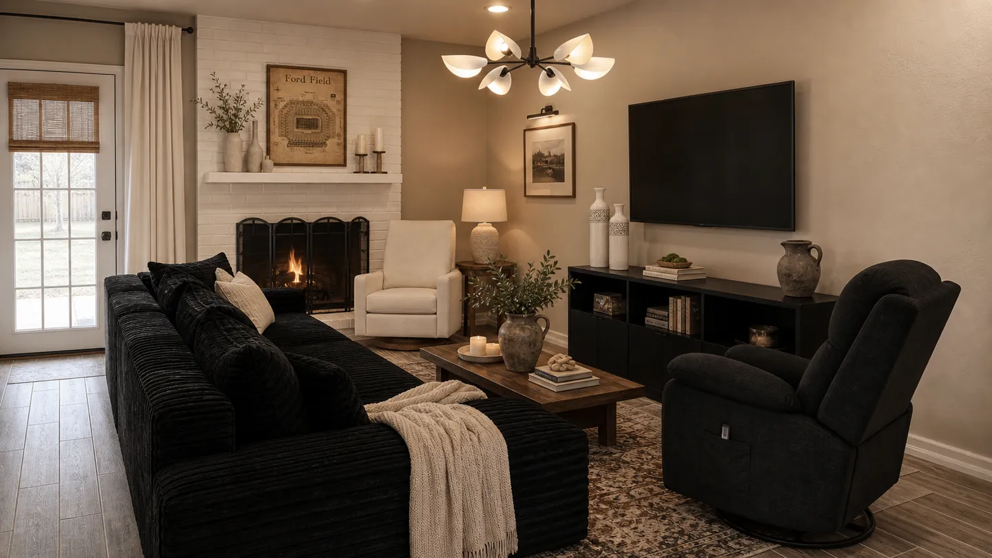 Warm Modern Living Room room design with shoppable products