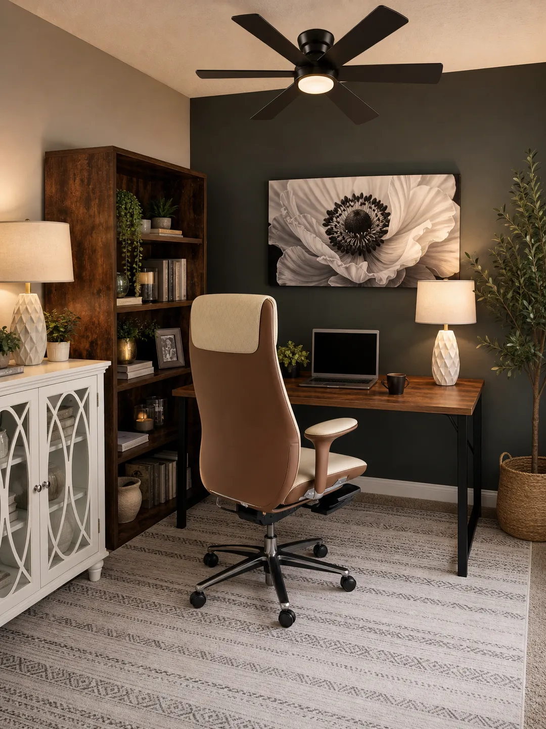 Warm Modern Home Office room design with shoppable products