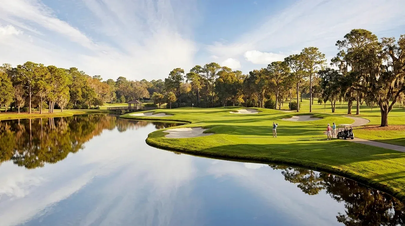 Golfers playing beside a lake with sand bunkers surrounding the green