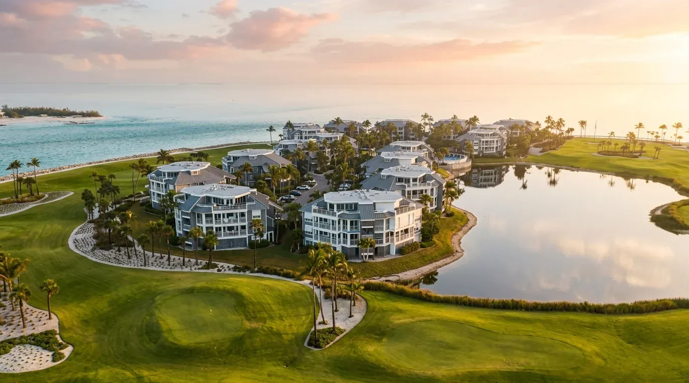 Coastal golf course with waterfront villas at sunset