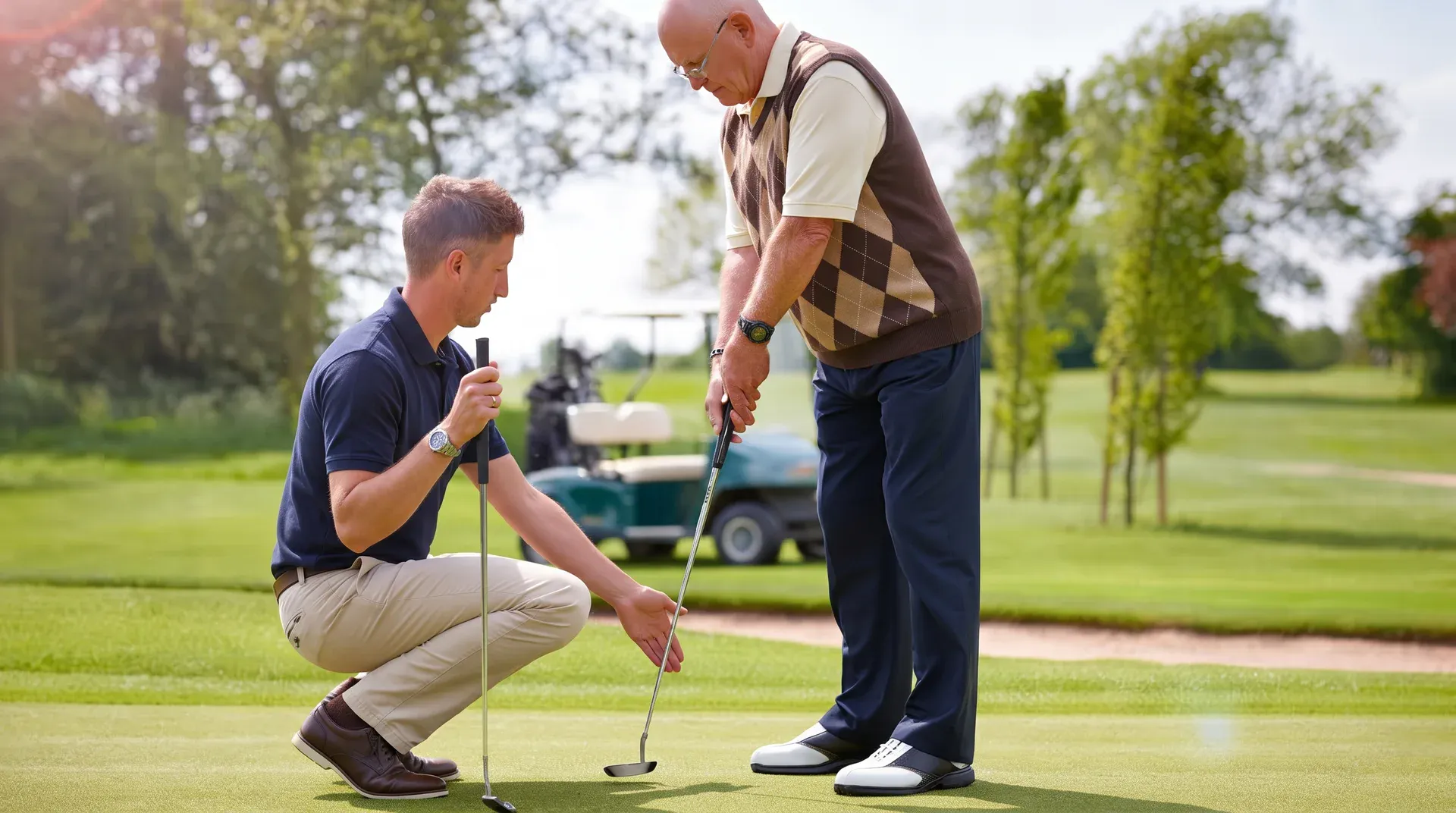 Golf instructor helping a golfer with putting