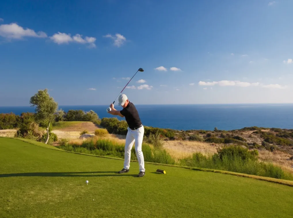 Golfer preparing to drive on a coastal golf course