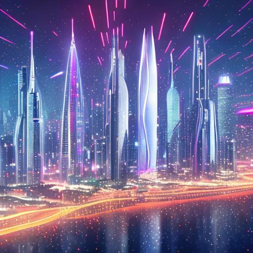 A futuristic cityscape with sleek, towering skyscrapers and holographic advertisements illuminating the night sky.