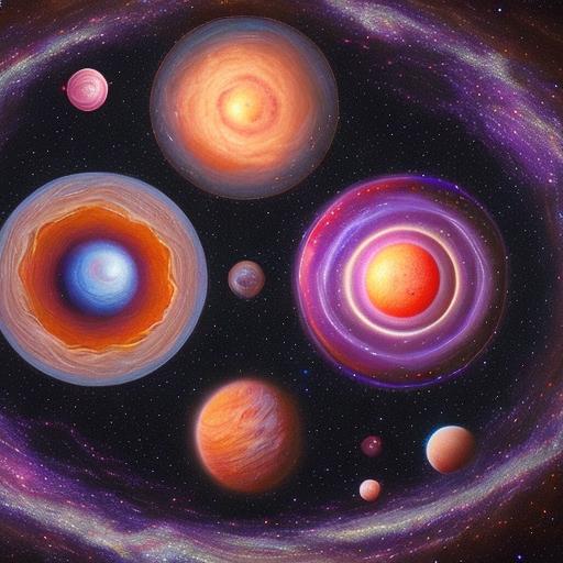 Design an artwork inspired by the vastness of the universe, showcasing celestial bodies, nebulae, and galaxies in a harmonious dance of colors and shapes.