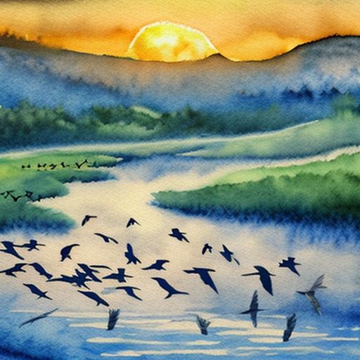 A watercolor painting of a flock of birds flying over a river at sunset with realistic textures.