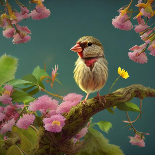  tiny finch on a branch with spring flowers on background:1.0, aesthetically inspired by Evelyn De Morgan, art by Bill Sienkiewicz and Dr. Seuss, ray tracing, volumetric lighting, octane render.