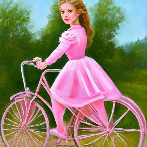 A Oil Paint Girl wearning Pink Frock riding a bicycle