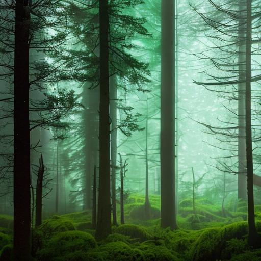 An enchanting, misty forest with towering trees draped in bioluminescent moss, casting a magical glow.
