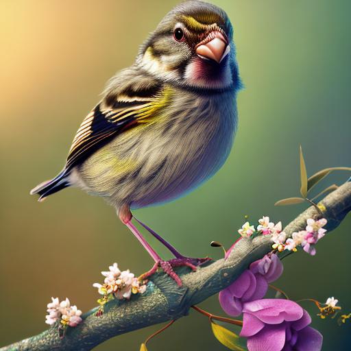 a tiny finch on a branch with spring flowers on background:1.0, aesthetically inspired by Evelyn De Morgan, art by Bill Sienkiewicz and Dr. Seuss, ray tracing, volumetric lighting, octane render.