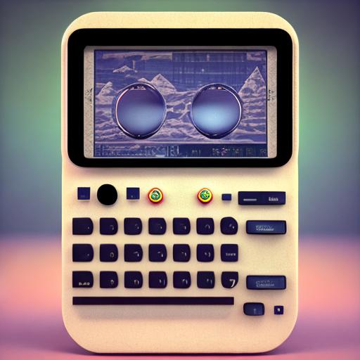 vintage personal handheld computer device, 1990s, retro mini computer, c4d render, vaporwave aesthetic, product photography