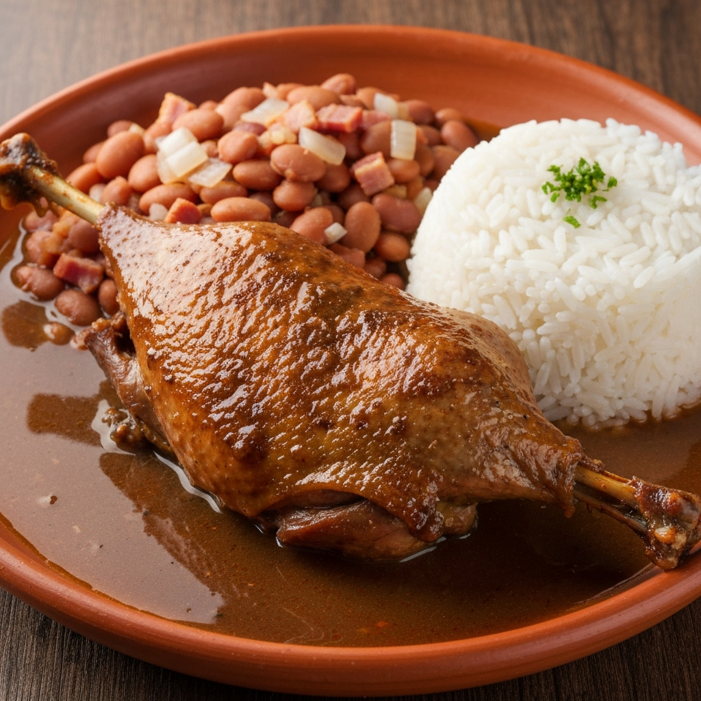 Pato no Tucupi com Arroz e Feijão Tropeiro