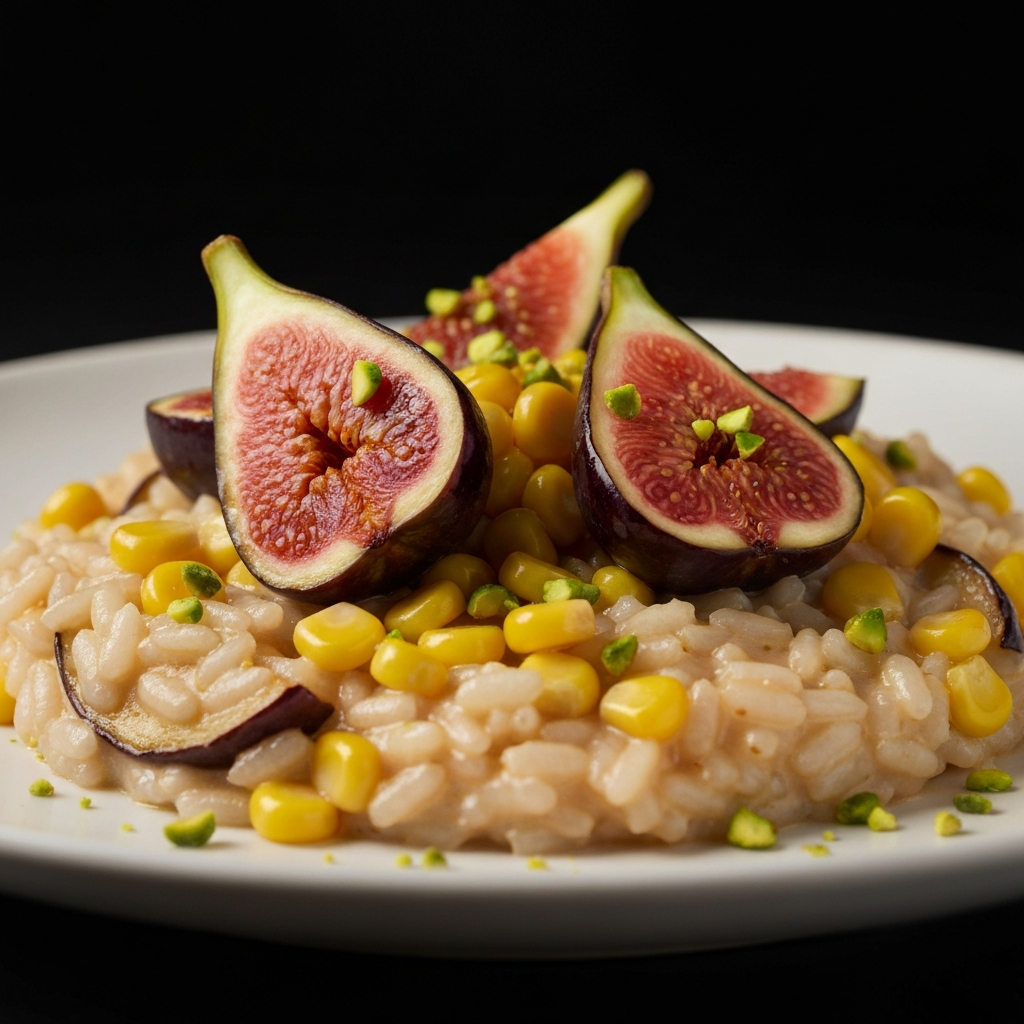 Risoto Cremoso de Milho com Figos Caramelizados e Pistache