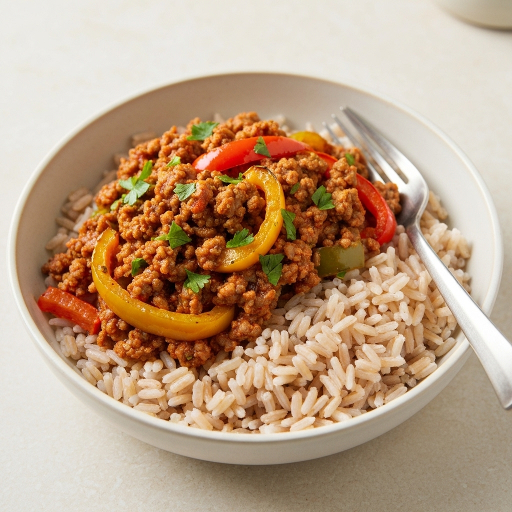 Bowl de Carne Moída Mediterrâneo com Arroz Integral