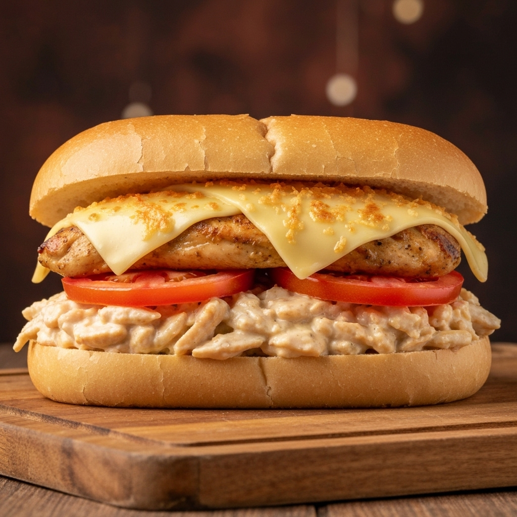Sanduíche de Frango Cremoso com Tomate e Queijo Gratinado