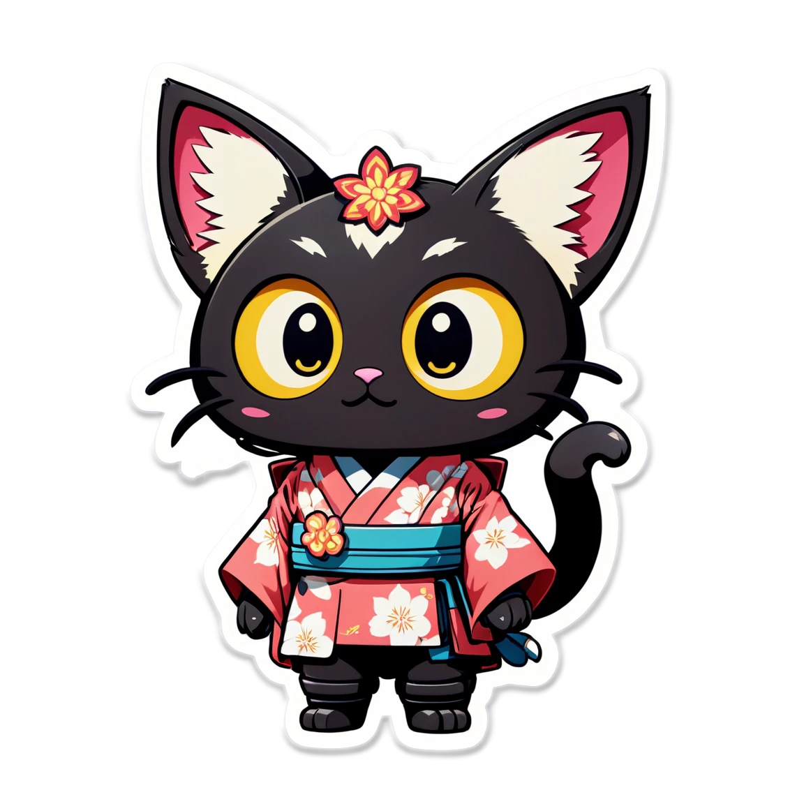 big eyes, , with cat ears, with a robot, wearing a kimono anime stickers