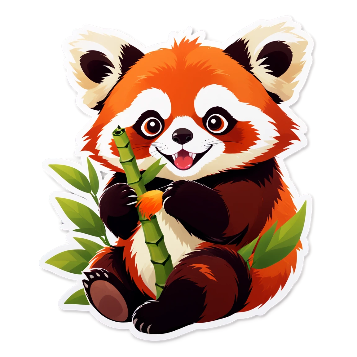 A red panda eating some bamboo, fluffy fur, smile cute-animal stickers