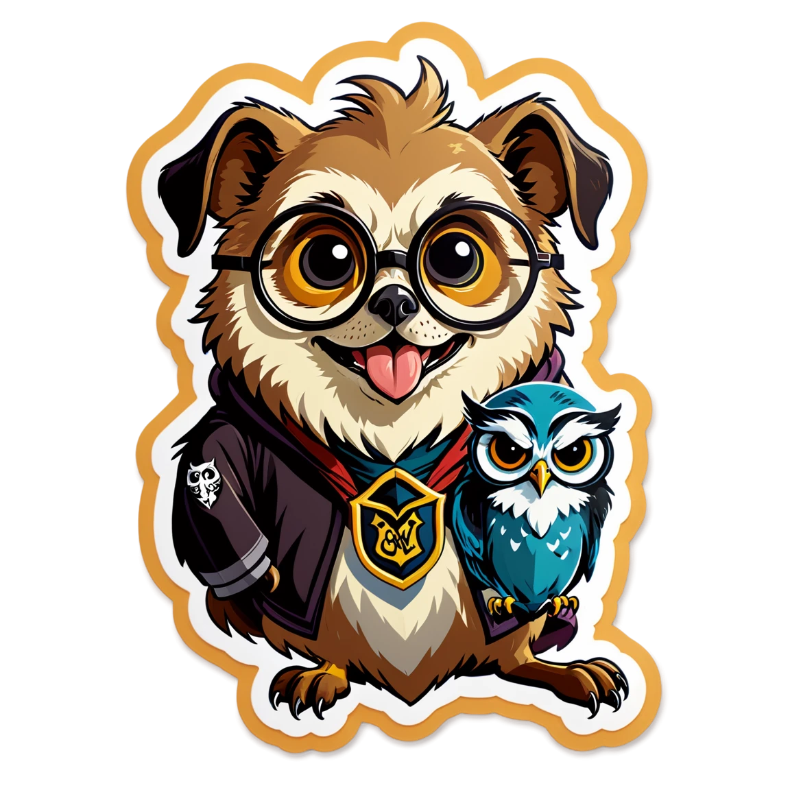 happy dog face, with an owl, wearing glasses, with a potion, with a house crest, with a snitch harry-potter stickers