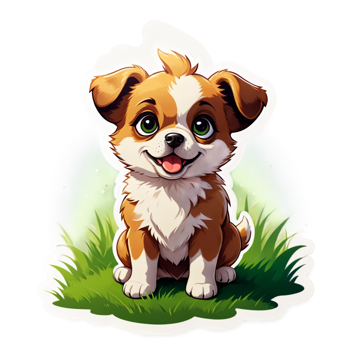 A small, fluffy puppy with big, round eyes and soft fur, sitting on a green grass field. The puppy is looking up with an adorable, curious expression, with its ears perked up. The sun is shining gently, creating a warm, soft glow around the puppy. dog stickers