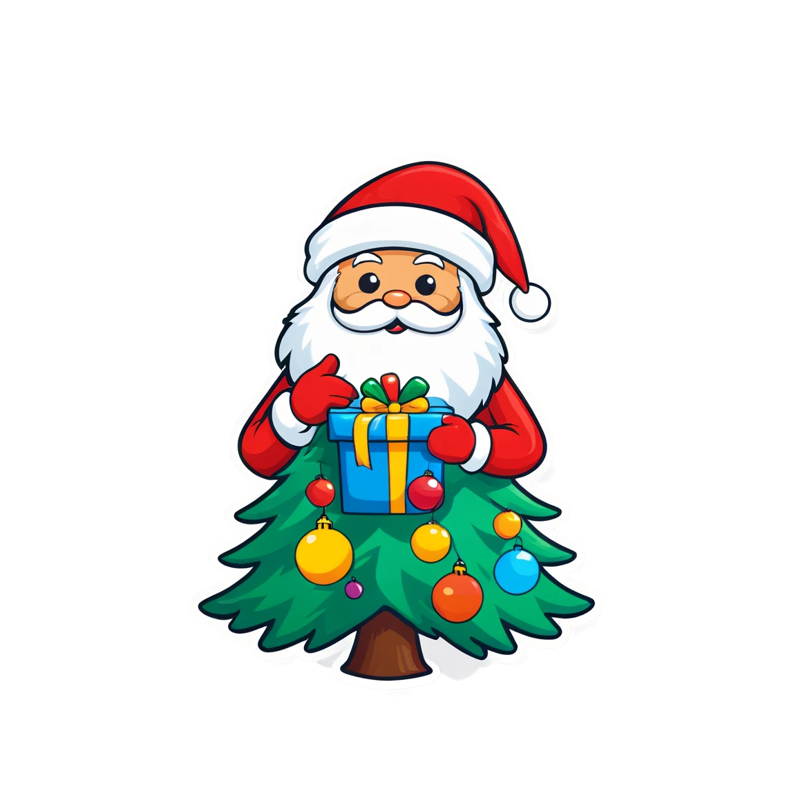 with a christmas tree, holding a gift, wearing a santa hat christmas stickers