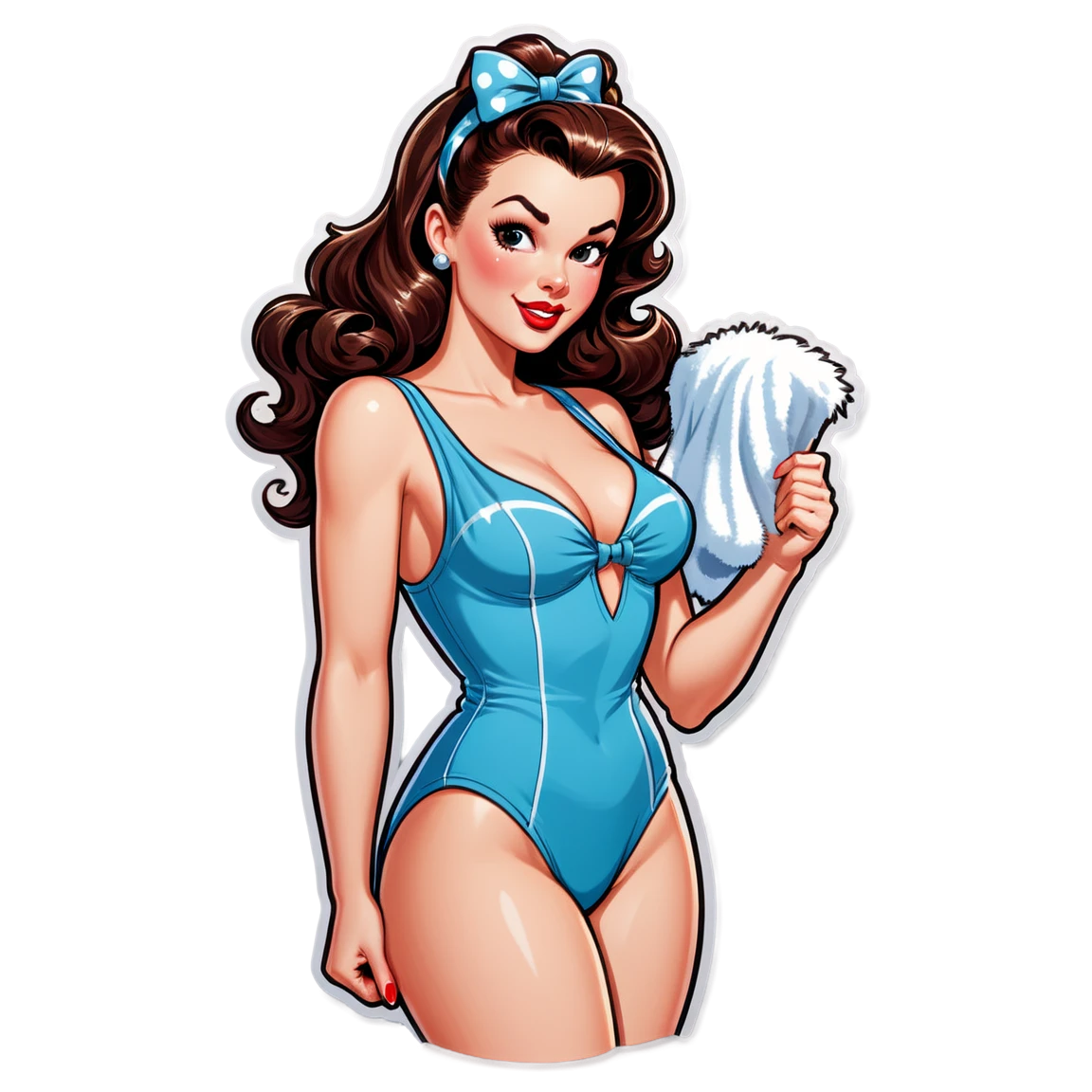 A brunette pinup model revealing her hairy bush in a bathing suit pinup-girl stickers