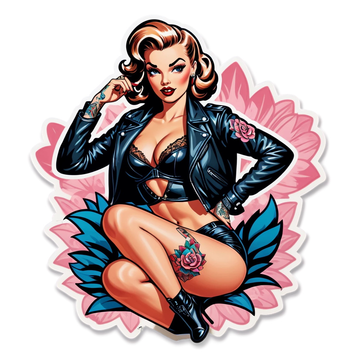 old and stylish pinup print features a tattooed woman clad in alluring lingerie paired with a chic leather jacket, creating a striking juxtaposition of soft sensuality and edgy toughness, ideal for a contemporary art collection that celebrates empowered femininity. pinup-girl stickers