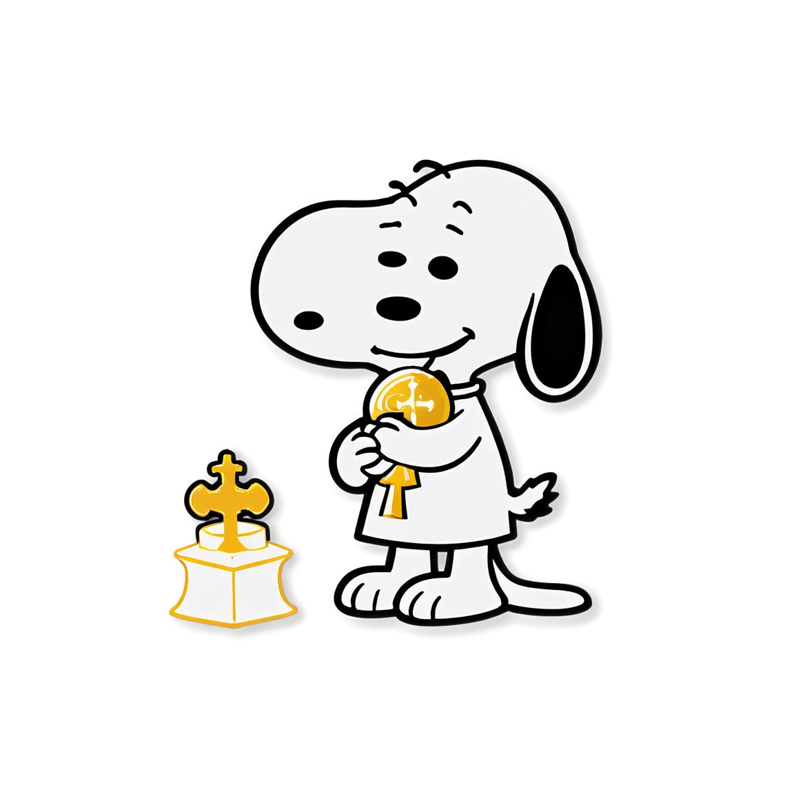 Snoopy taking his first communion kneeling in a church snoopy stickers